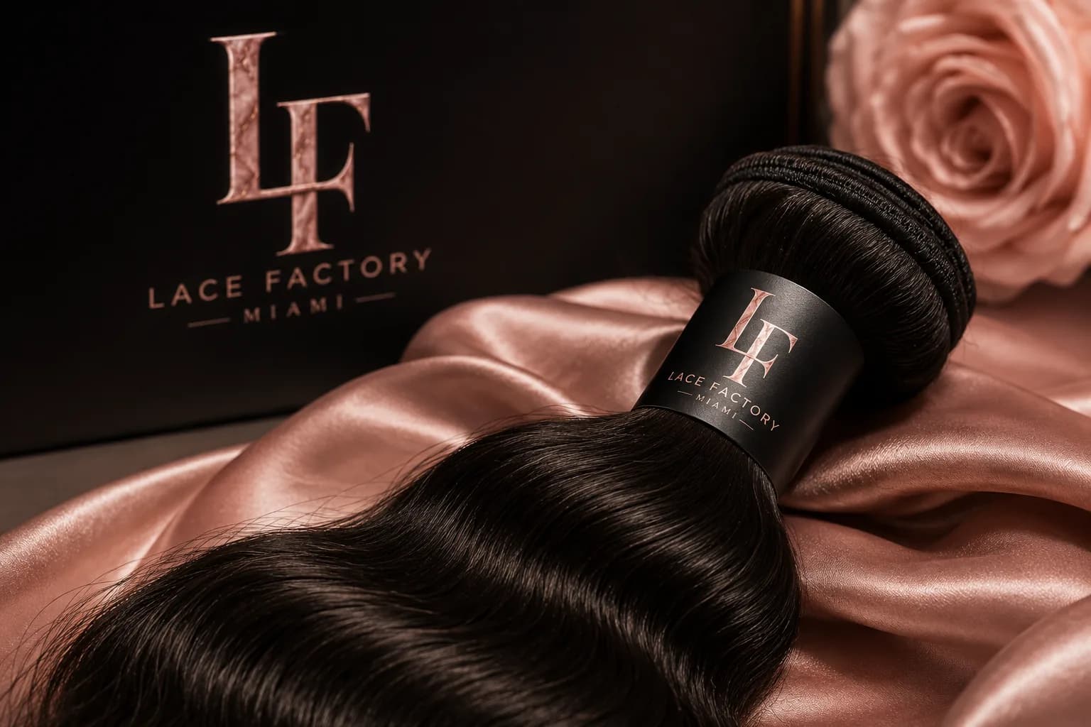A Lace Factory Miami raw hair bundle, cuticle aligned, on rose silk