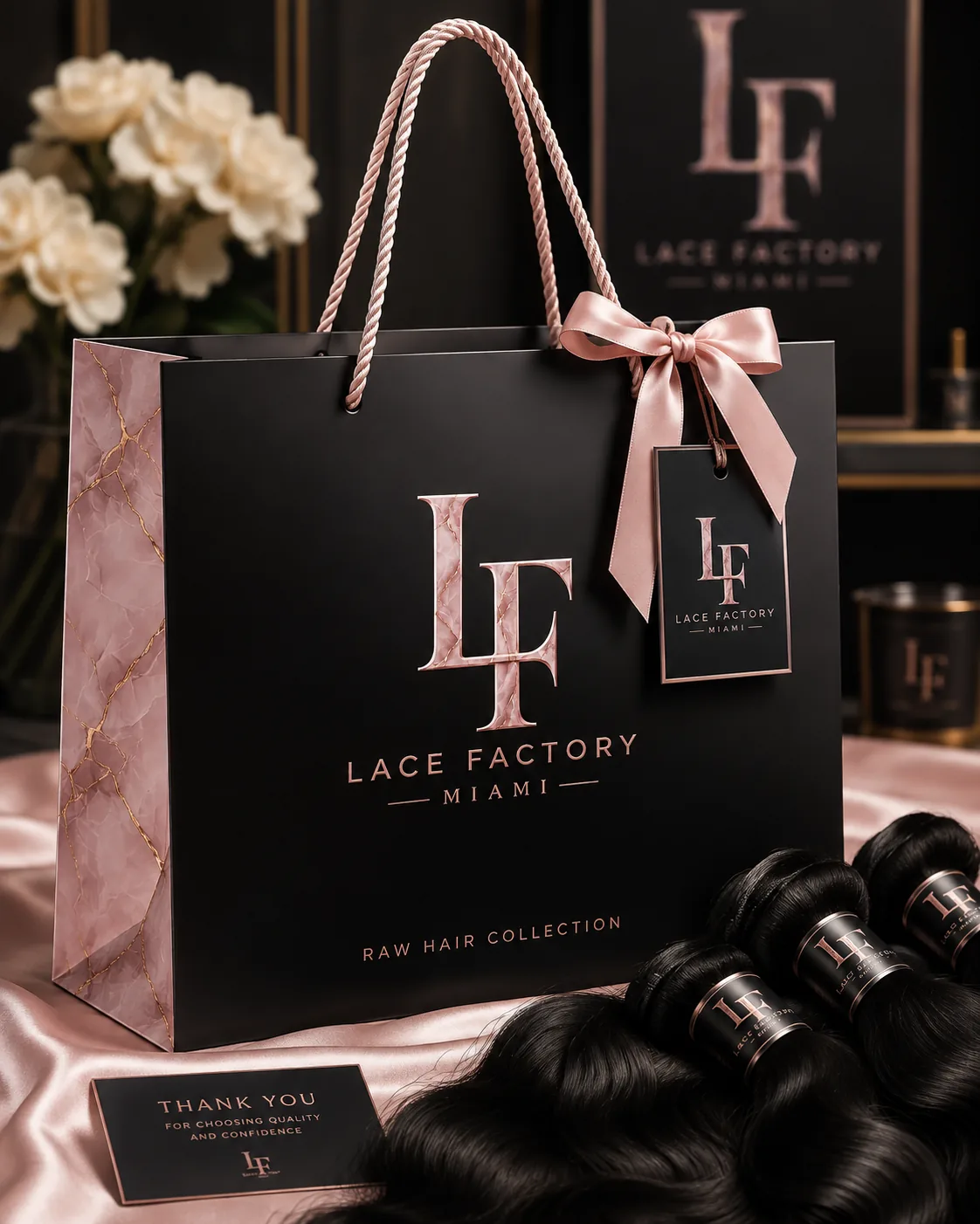 The Lace Factory Miami raw hair collection bag, ribboned, with bundles and a thank-you card