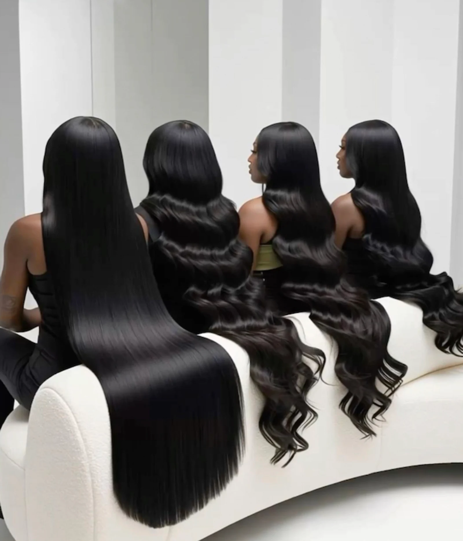 Four Lace Factory clients wearing long straight and body wave units