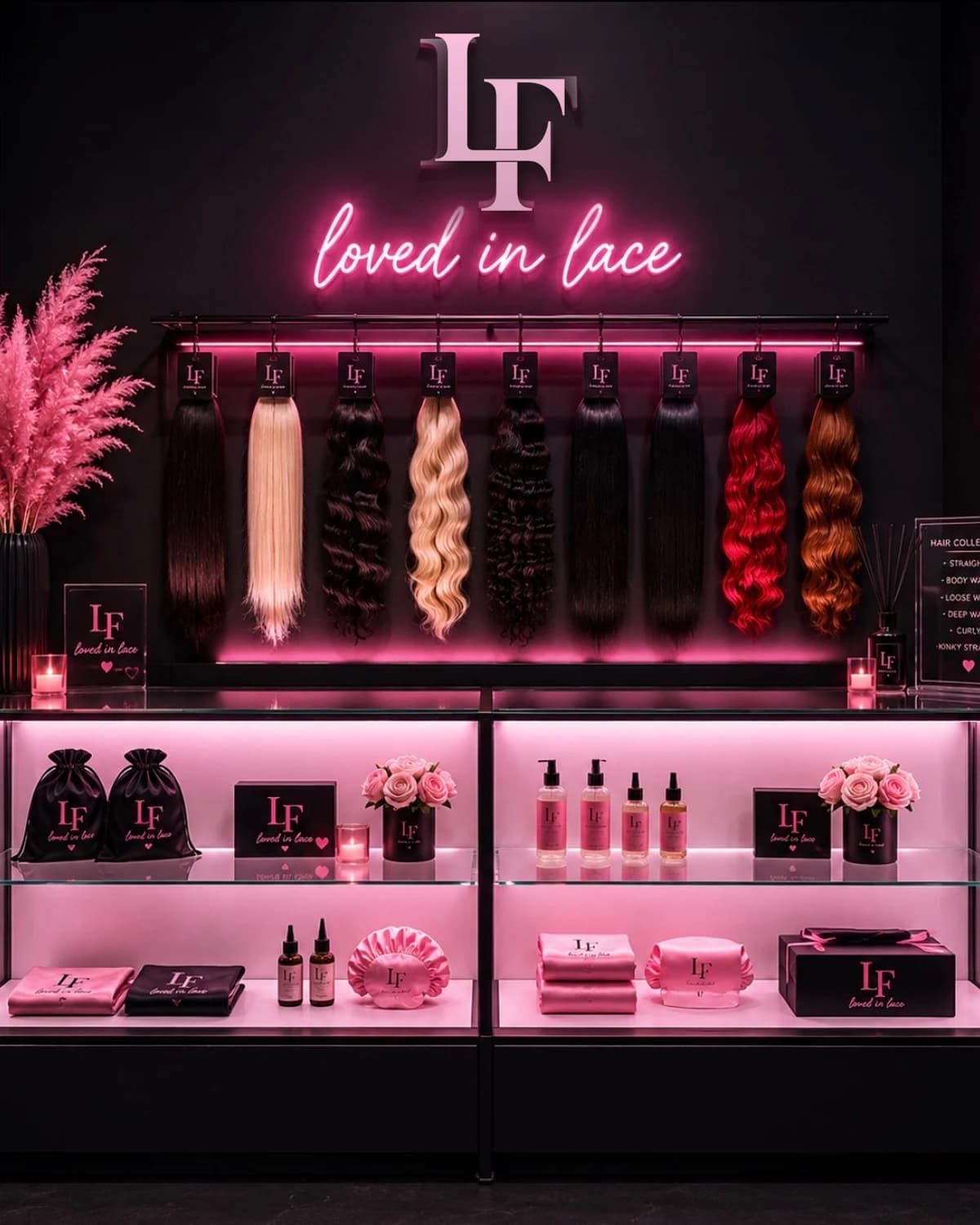 The Lace Factory Miami retail display — the collection, the cases, the care range