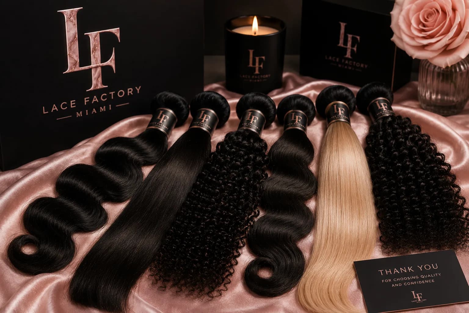 Straight, body wave, deep wave, curly and kinky curly bundles side by side, including a 613 blonde